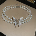 Double Strand Pearl Choker Silver Lace Butterfly Center view 6