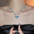 Blue Glass Butterfly Pendant Necklace Pearl Bead Strand view 3