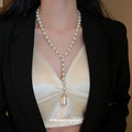 White Pearl Y Drop Necklace Teardrop Pendant Gold Accents view 4
