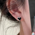 Black Heart Enamel Stud Earrings Silver CZ Border Pair view 3
