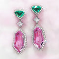 Silver Tone Pink Green Long Drop Earrings Halo Stations view 2