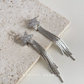 Silver Pave Star Long Snake Chain Tassel Drop Earrings view 3