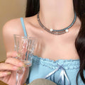 Gray Pearl and Crystal Double Strand Necklace Statement Jewelry view 1