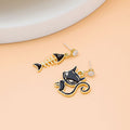 Mismatched Black Cat and Fishbone Gold Tone Dangle Earrings view 4
