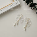 Gold Tone Translucent White Flower And Pearl Chain Drop Earrings view 3