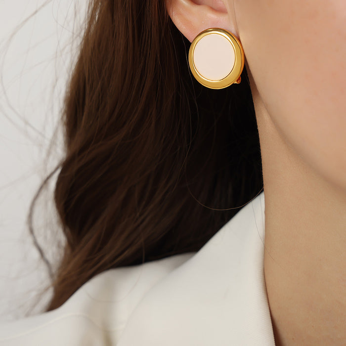 Gold Round Disc Stud Earrings Cream Center Circle Pair