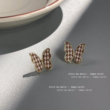 Gold-Tone Houndstooth Fabric Butterfly Stud Earrings