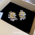 Two Tone Layered Petal Faux Pearl Floral Stud Earrings view 4