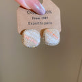 Square Fabric and Crystal Border Stud Earrings in Three Patterns view 7