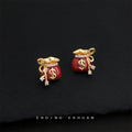 Gold Red Money Bag Dollar Sign Stud Earrings Pair Set view 6