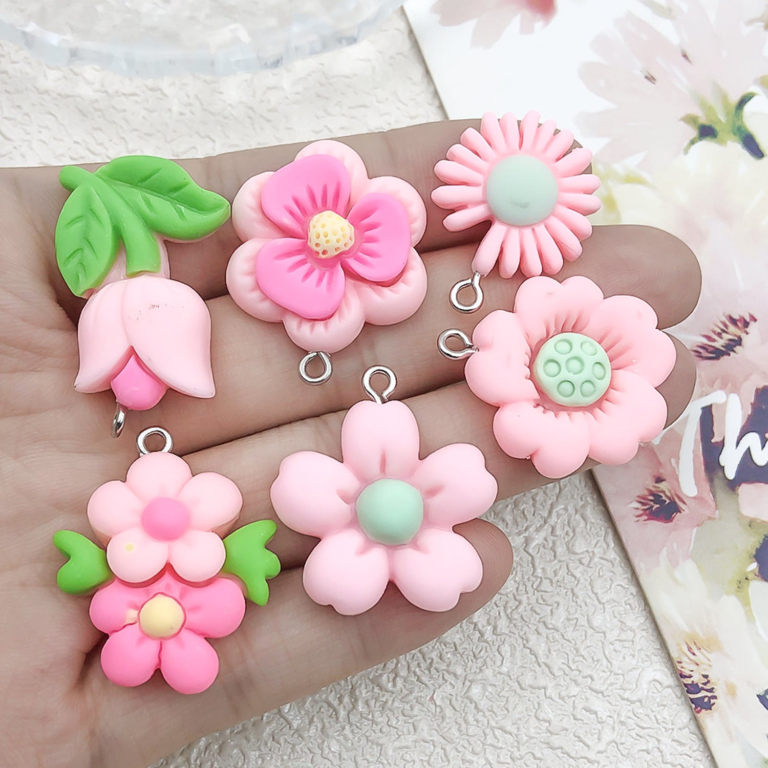 Pink Resin Sunflower Daisy Rose Flower Charm Pendant for DIY Bracelet Necklace Jewelry