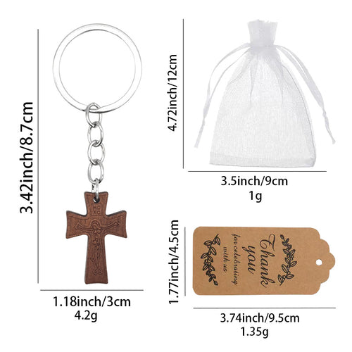Size chart for wood cross keychain bag and thank-you tag measures