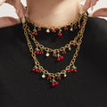 Red Cherry Crystal Charm Necklace and Bracelet in Gold Tone view 4