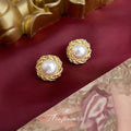 Gold-Tone Twisted Rope Frame Round Pearl Stud Earrings view 3
