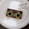 Black Round Center Gold Wire Flower Statement Stud Earrings view 3