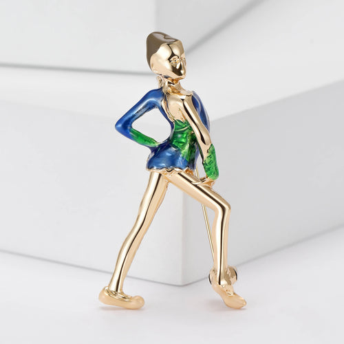 Blue green dress lady brooch front