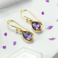Purple Teardrop Bezel Hook Drop Earrings Gold White Metal view 2
