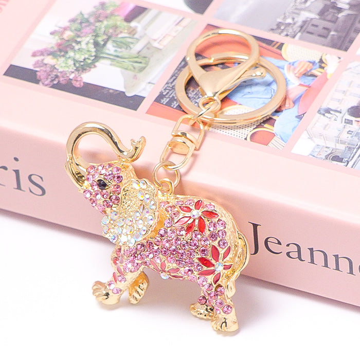 Rhinestone Flower Elephant Keychain Enamel Metal Bag Charm