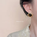 Gold Diamond Frame Tiger Eye Cabochon Stud Earrings view 2