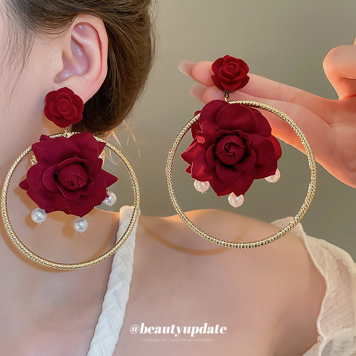Red Fabric Rose Hoop Stud Earrings With Pearls Statement Pair