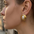 Gold Oval Wide Bezel White Pearl Look Stud Earrings view 4