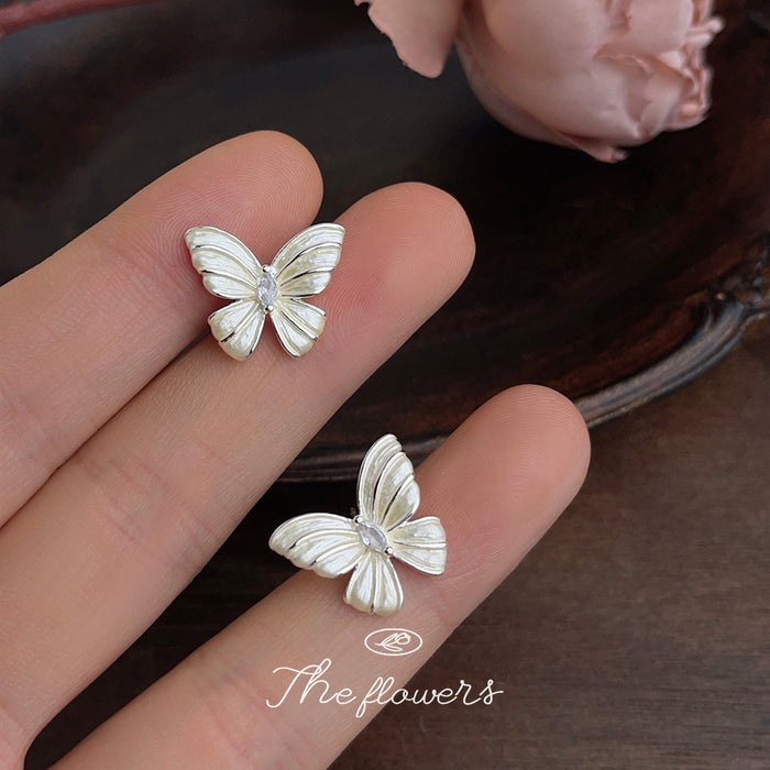 Silver Brushed Pearl-Finish Butterfly CZ Stud Earrings Pair