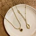 Gold Bamboo Link Necklace Brown Round Stone Pendant view 2