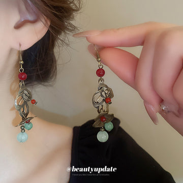 Antique Metal Floral and Beaded Hook Drop Earrings