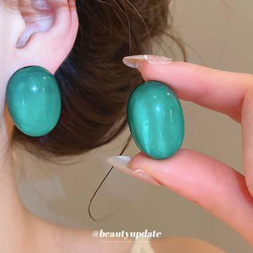Glossy Green Oval Statement Stud Earrings Fashion Jewelry