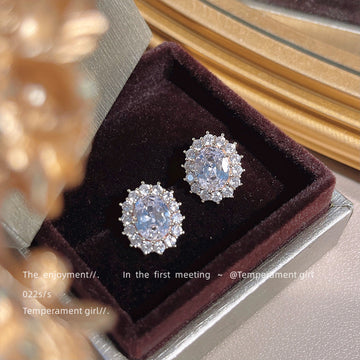 Clear Oval Halo Crystal Stud Earrings Gold Tone Pair
