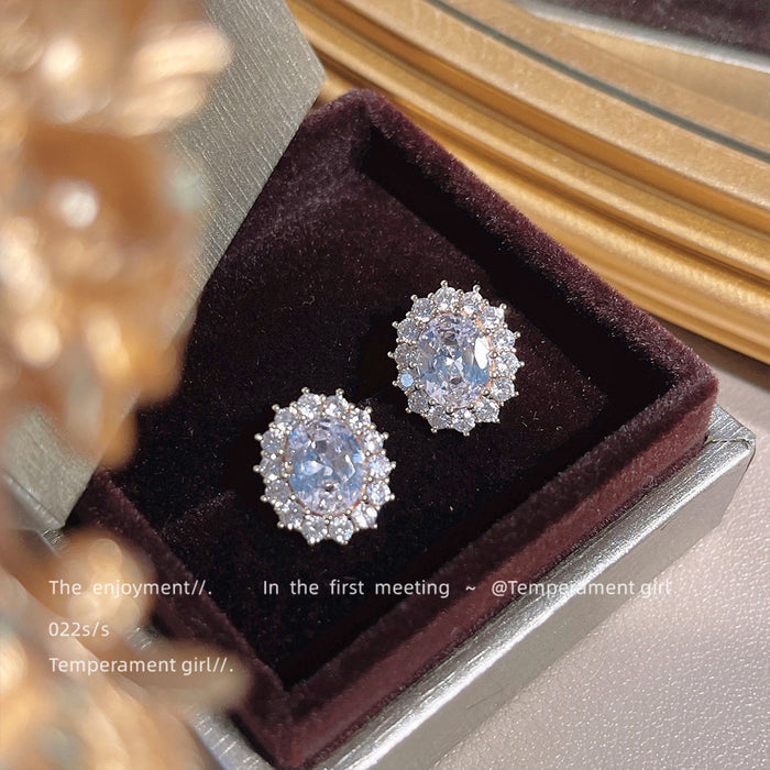 Clear Oval Halo Crystal Stud Earrings Gold Tone Pair
