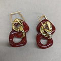 Gold Tone Link and Rounded Square Drop Stud Earrings view 6
