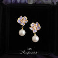 Lavender Enamel Orchid Flower Zircon Pearl Drop Stud Earrings view 6