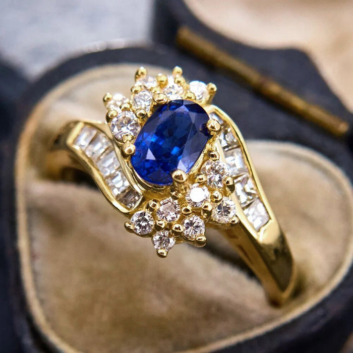 Gold Tone Blue Oval Halo Cluster Finger Ring Sizes 6-10