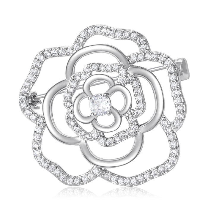 Gold Silver Clear Rhinestone Openwork Camellia Brooch Pins