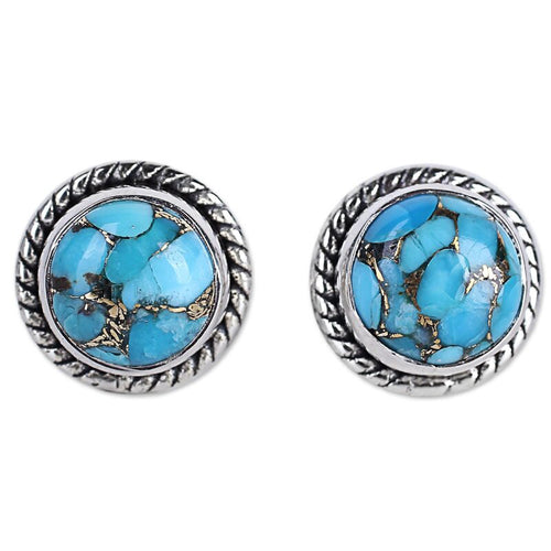 Antique silver turquoise matrix studs front view on white background