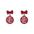 Red Bow And Fu Character Drop Earrings Statement Jewelry view 5