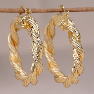 Gold Tone Twisted Rope Large Hoop Earrings Polished Statement Fashion Jewelry