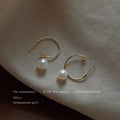 Gold Tone Round Hoop White Pearl Charm Hook Earrings view 3