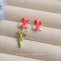 Gold Tone Blue And Pink Flower Asymmetric Stem Stud Earrings view 2