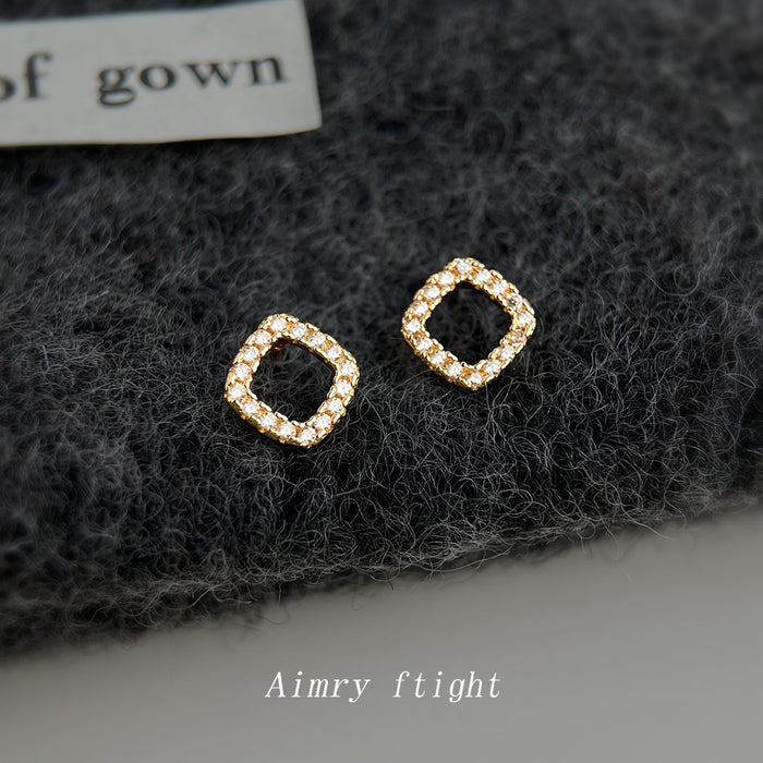 Gold Tone Clear Stone Open Rounded Square Stud Earrings For Women