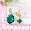 Gold Tone Emerald Green Crystal Teardrop and Leaf Drop Earrings view 3