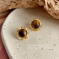 Gold Tone Round Stud Earrings Brown Tiger Eye Center view 2