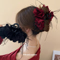 Fabric Petal Flower Hair Claw With Black Feather Fringe In Red Or Black view 1