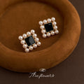 Black Square Pearl Border Stud Earrings Gold Tone Frame view 4
