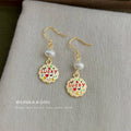 Gold Tone Lucky Enamel Tag Pearl Hook Drop Earrings view 4