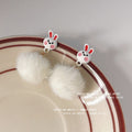White Cartoon Bunny Face Fluffy Pom Pom Drop Earrings view 3