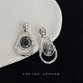 Silver Tone Irregular Double Frame Smoky Oval Stone Drop Earrings view 1