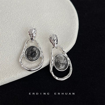 Silver Tone Irregular Double Frame Smoky Oval Stone Drop Earrings