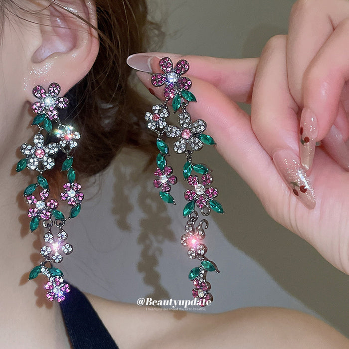Multicolor Crystal Flower Vine Drop Earrings With Leaf Details